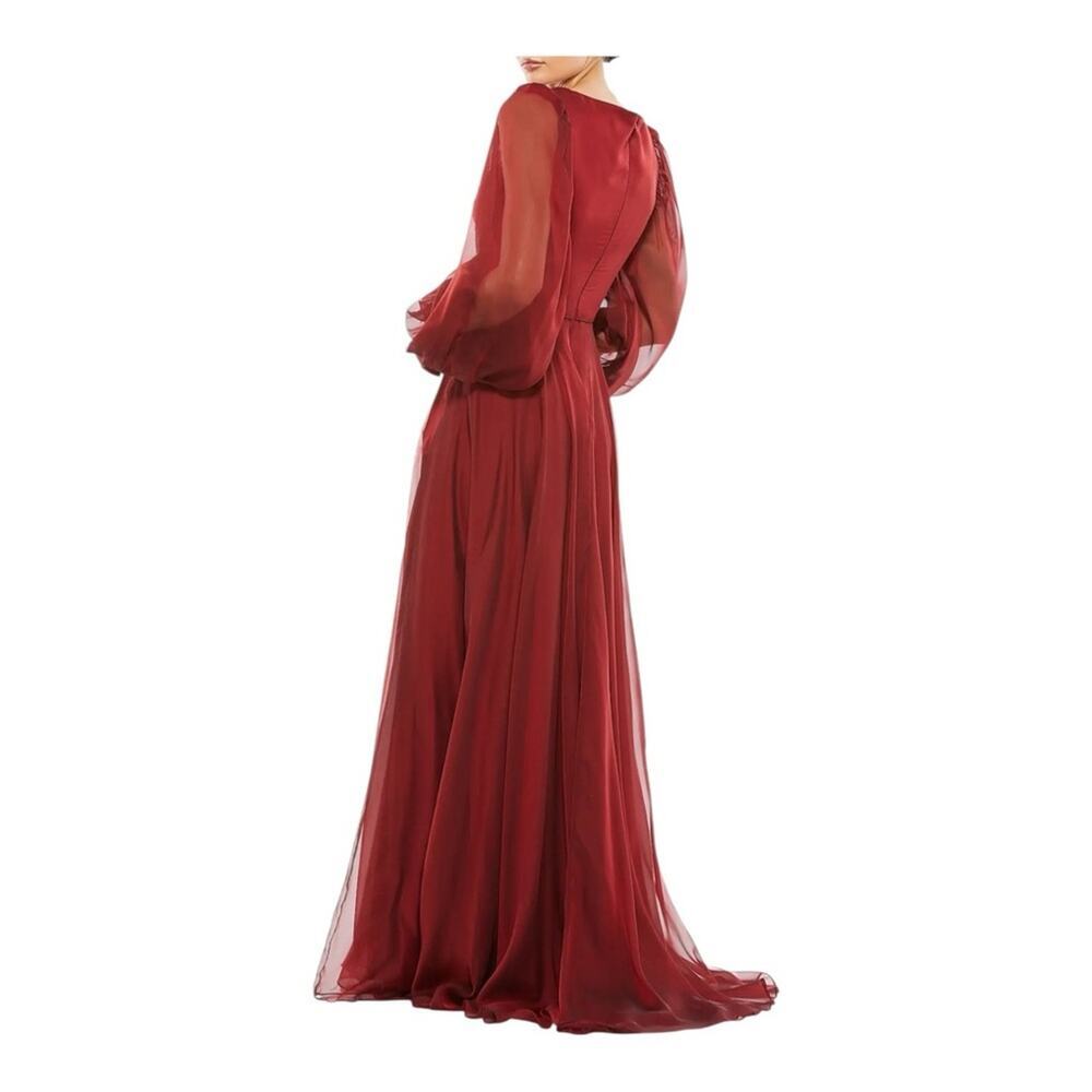 New!Mac Duggal Deep Red Long Sleeve Flowy Eleban Chiffon Gown Sz 8 - Picture 2 of 10